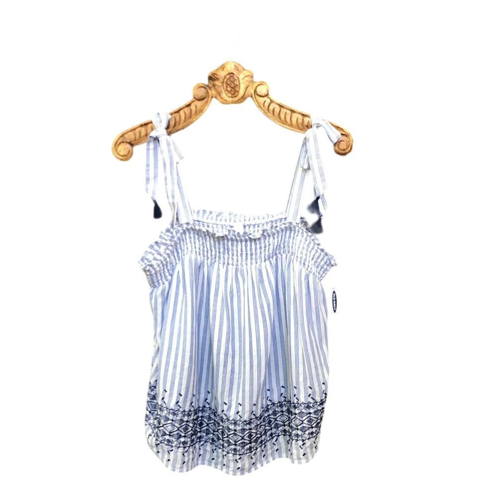 Old Navy Smocked Tie-Shoulder Blue Stripe Embroidered Sleeveless Top Large NWT